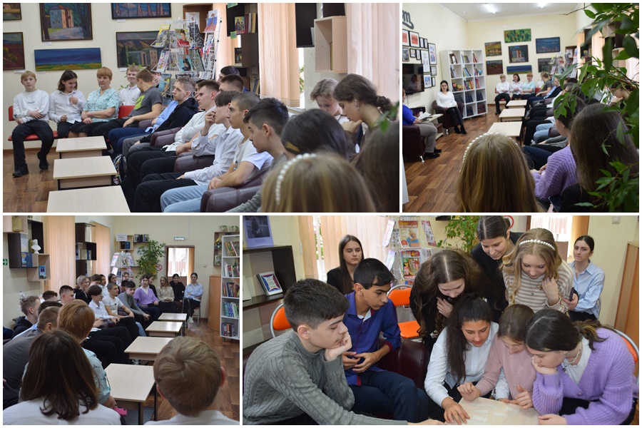 Учащиеся школы слушают рассказ библиотекарей о творчестве русского поэта, баснописца И.А. Крылова  и  отвечают на вопросы викторины.